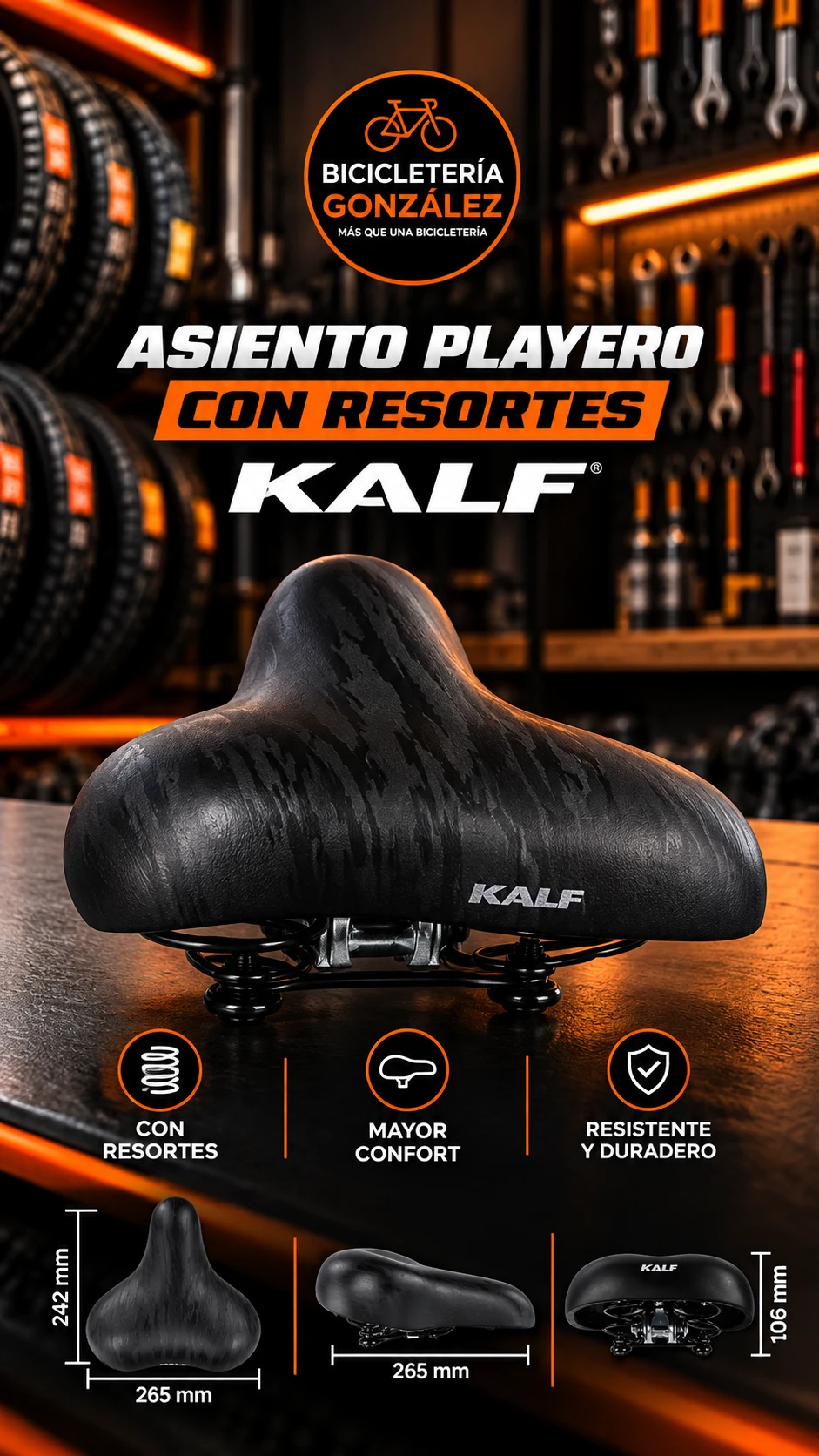 ASIENTO PLAYERO C/ RESORTES - KALF - ( NEGRO ). Bicicleteria Gonzalez