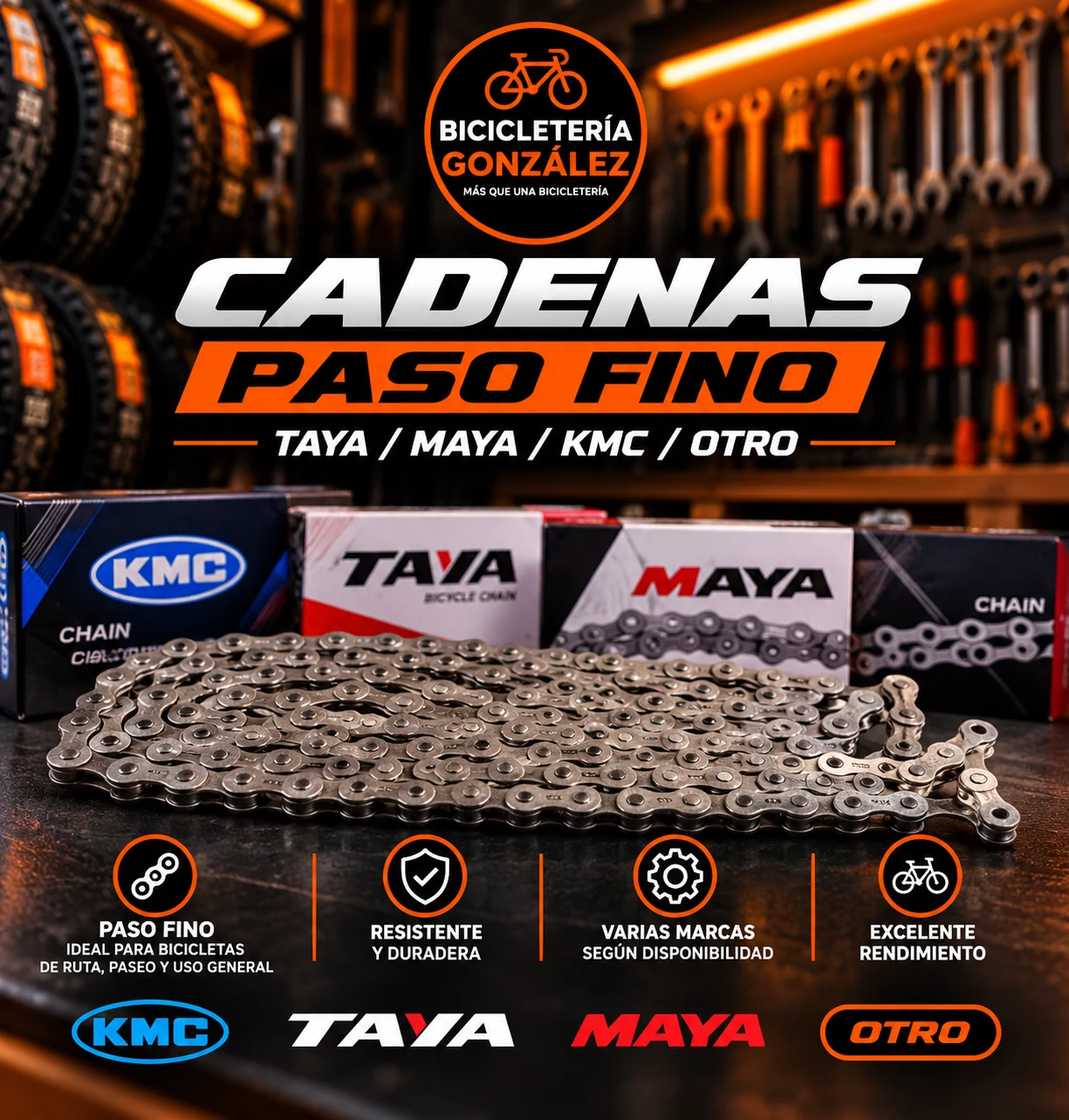 CADENAS: PASO FINO- TAYA / MAYA / KMC / OTRO. Bicicleteria Gonzalez