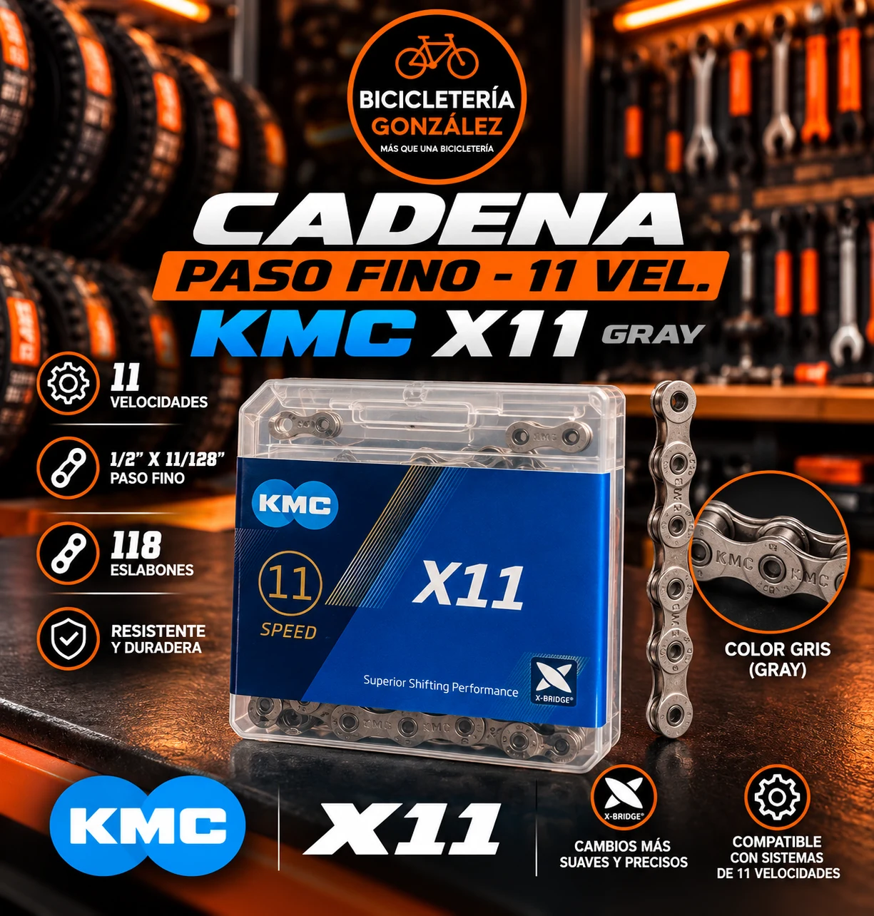 CADENAS: PASO FINO- KMC X 11 GRAY 118L BOX ( P/11 VEL. ). Bicicleteria Gonzalez