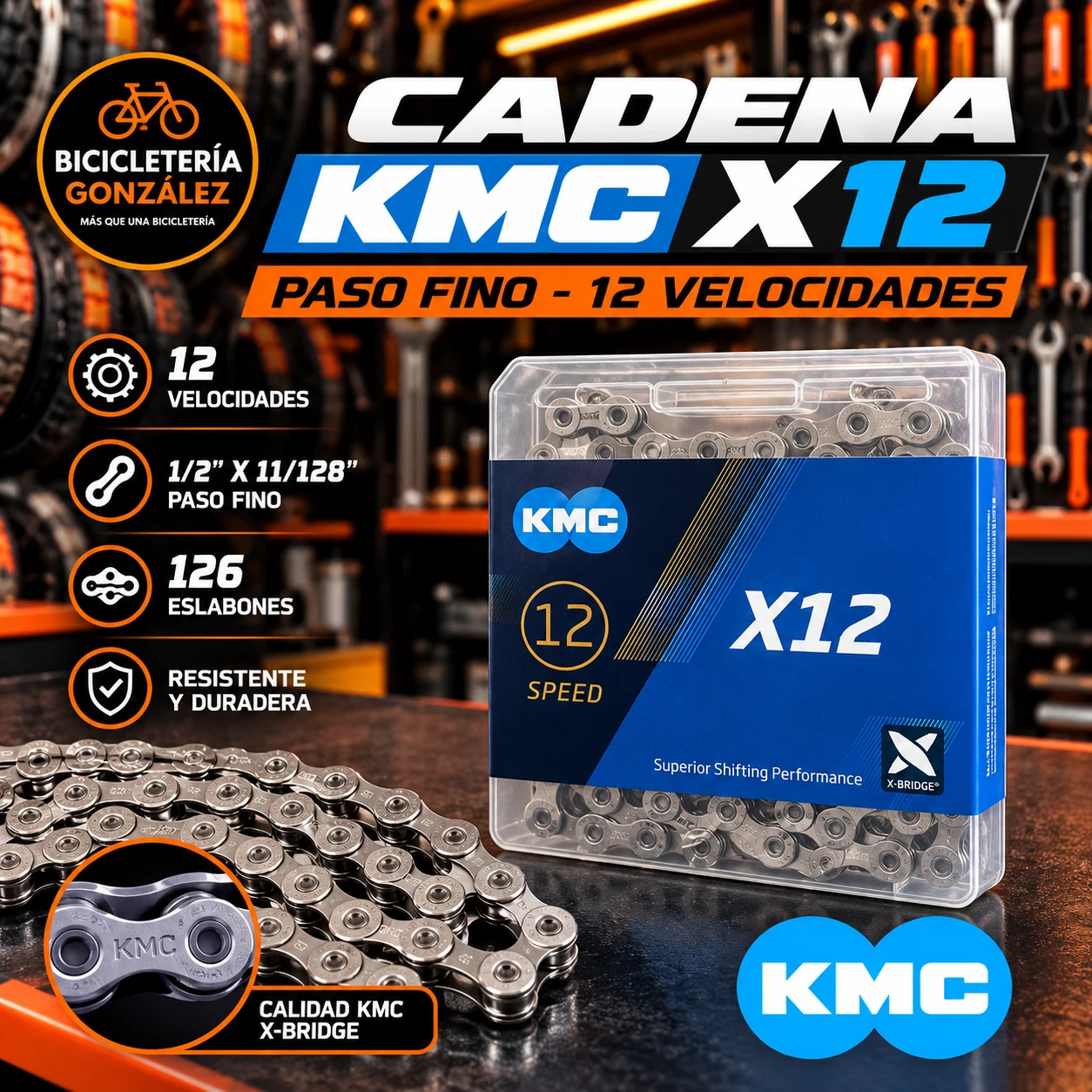 CADENAS: PASO FINO- KMC - X 12 ( 126 ESLABONES ). Bicicleteria Gonzalez