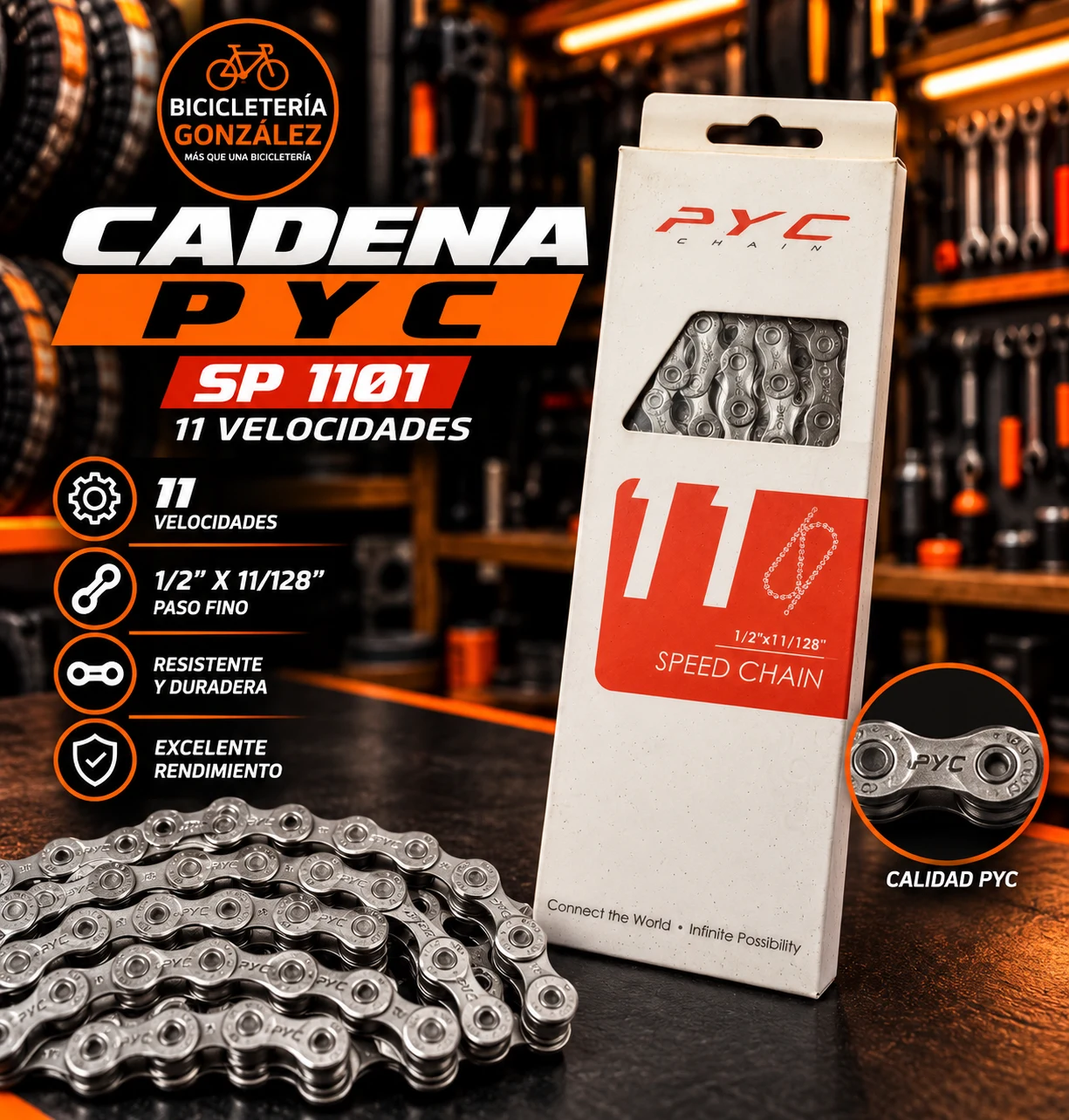 CADENAS: PASO FINO- " P Y C " SP 1101 - ( 11 VEL. ). Bicicleteria Gonzalez