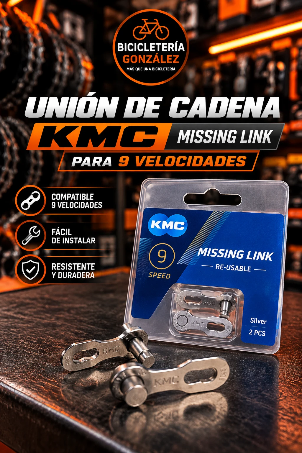UNION CAD. : KMC MISSING LINK P/9 VEL. SILVER X 2. CADENA. Bicicleteria Gonzalez
