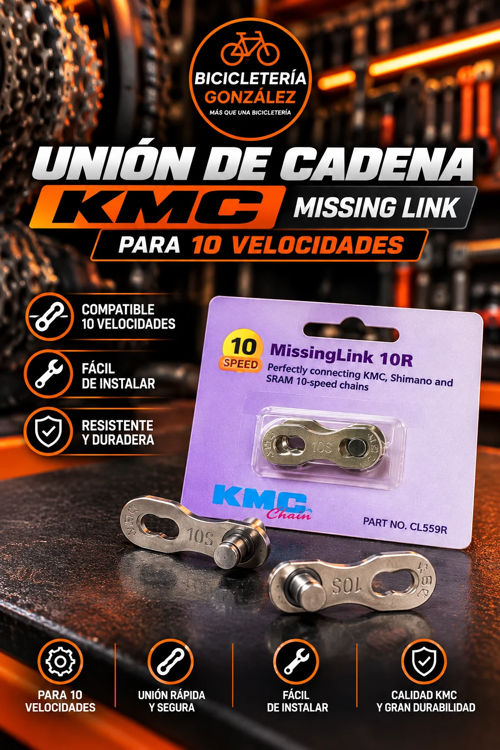 UNION CAD. : KMC MISSING LINK P/10 VEL. SILVER X2. CADENA. Bicicleteria Gonzalez