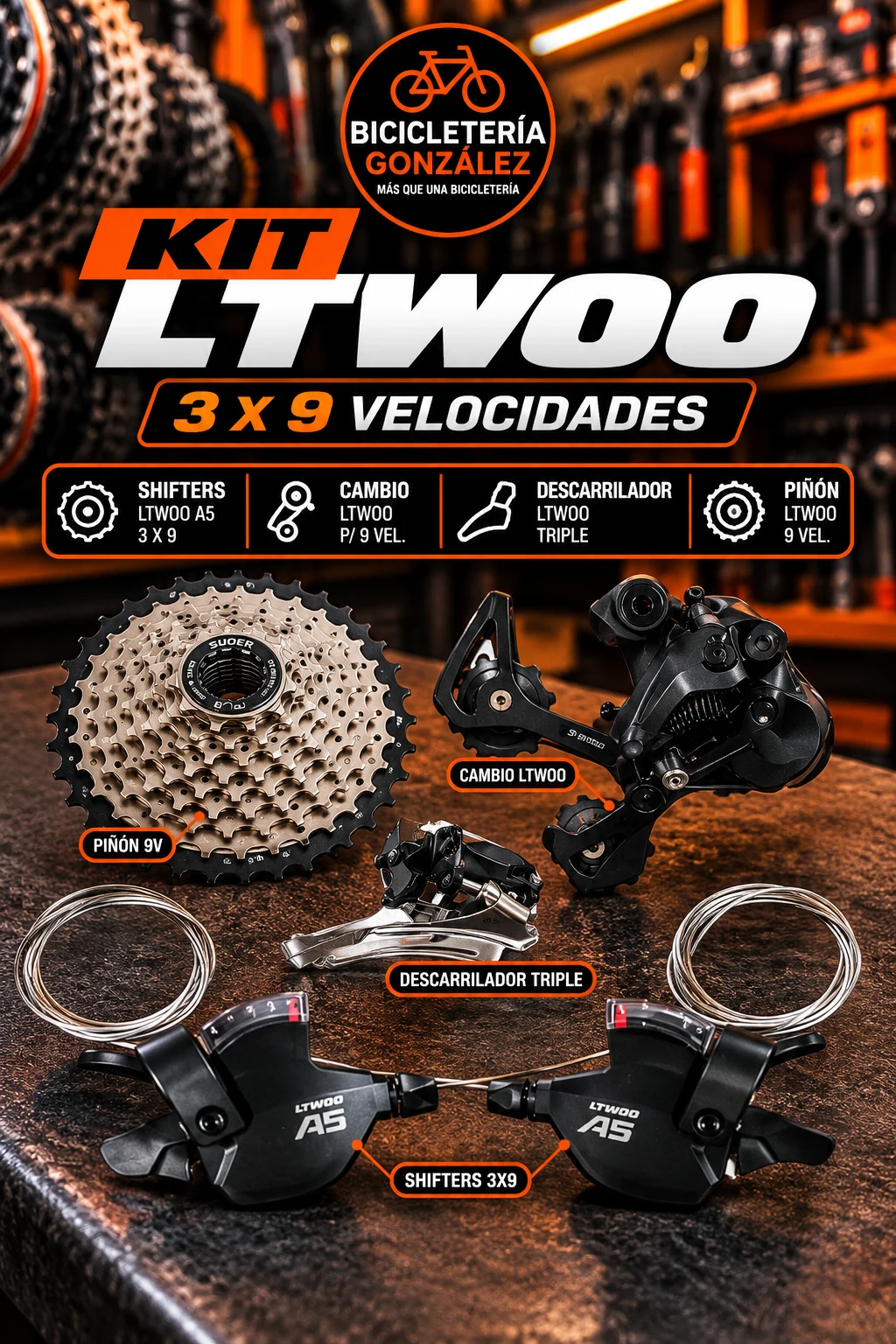 KIT LTWOO 3 X 9 VEL. ( SHITER+CAMBIO+PIÑON + DESCARRILADOR ). Bicicleteria Gonzalez
