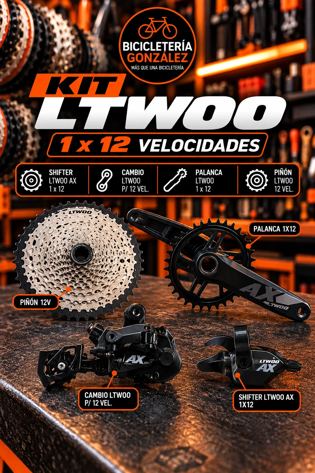 KIT LTWOO 1 X 12 ( SHITER+CAMBIO+PIÑON+PALANCA ). Bicicleteria Gonzalez