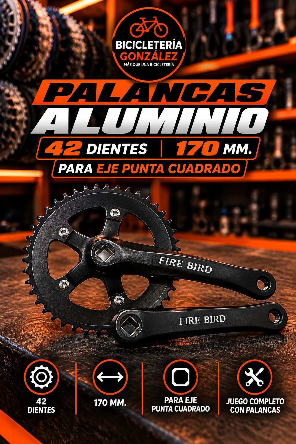 PALANCAS ALUMINIO 42 DIENTES - 170 MM. -P / EJE PUNTA CUADRADO ( COMPLETO ). Bicicleteria Gonzalez