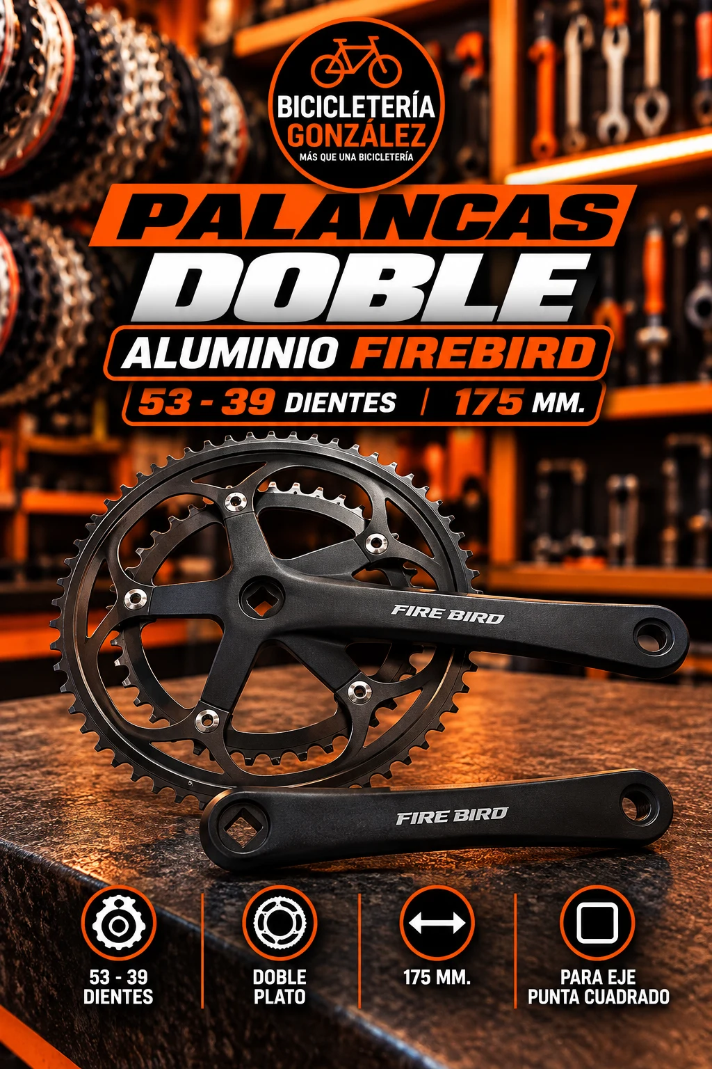 PALANCAS DOBLE ALUMINIO FIREBIRD ( 53-39 - 175 MM. ). Bicicleteria Gonzalez