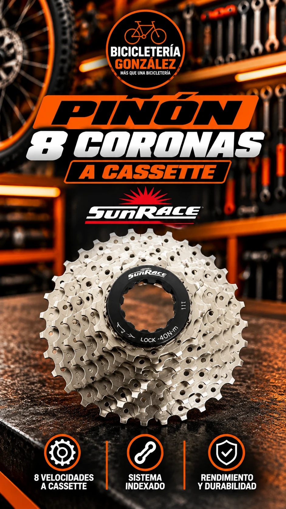 PIÑONES 8 CORONAS A CASSETTE - SUN RACE. Bicicleteria Gonzalez