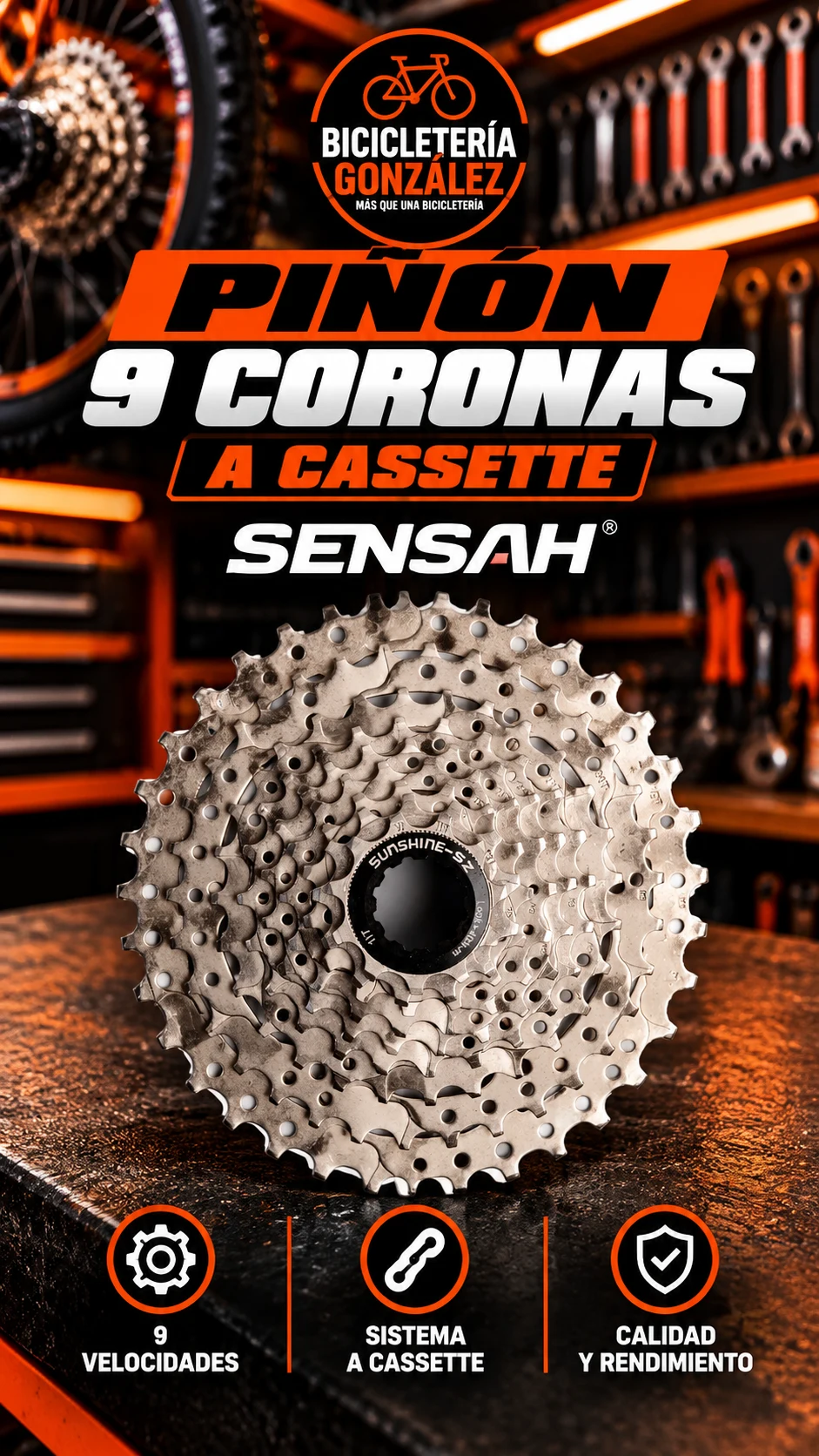 PIÑONES 9 CORONAS A CASSETTE SENSAH. Bicicleteria Gonzalez