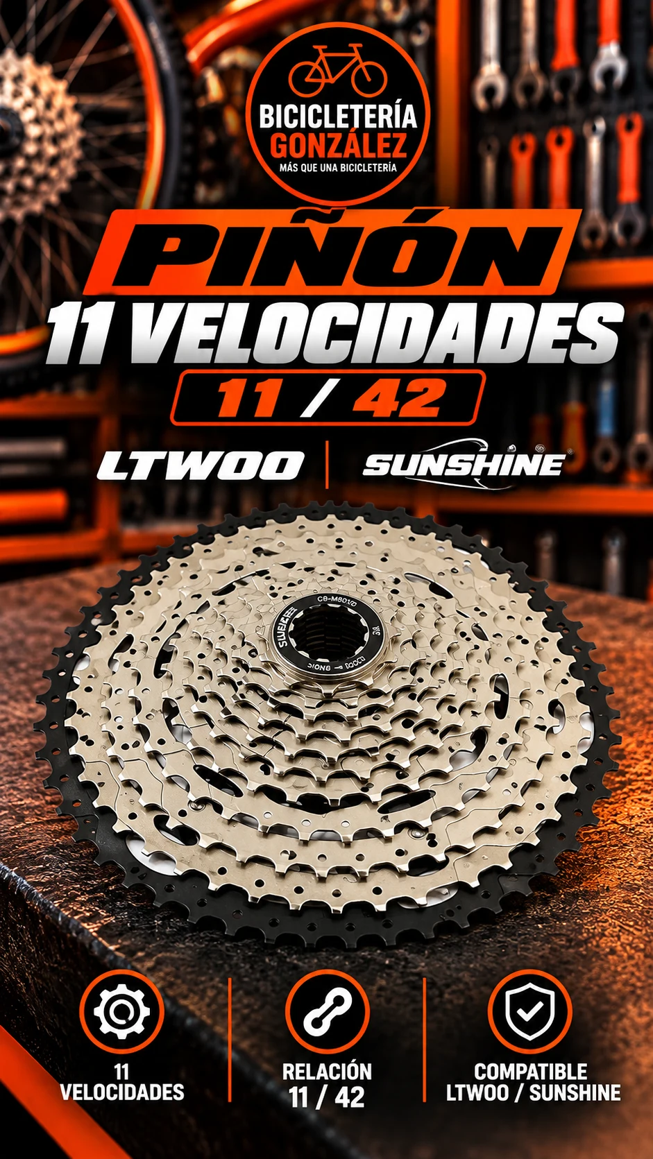 PIÑONES 11 VEL.- LTWOO / SUNSHINE ( 11/ 42 ). Bicicleteria Gonzalez