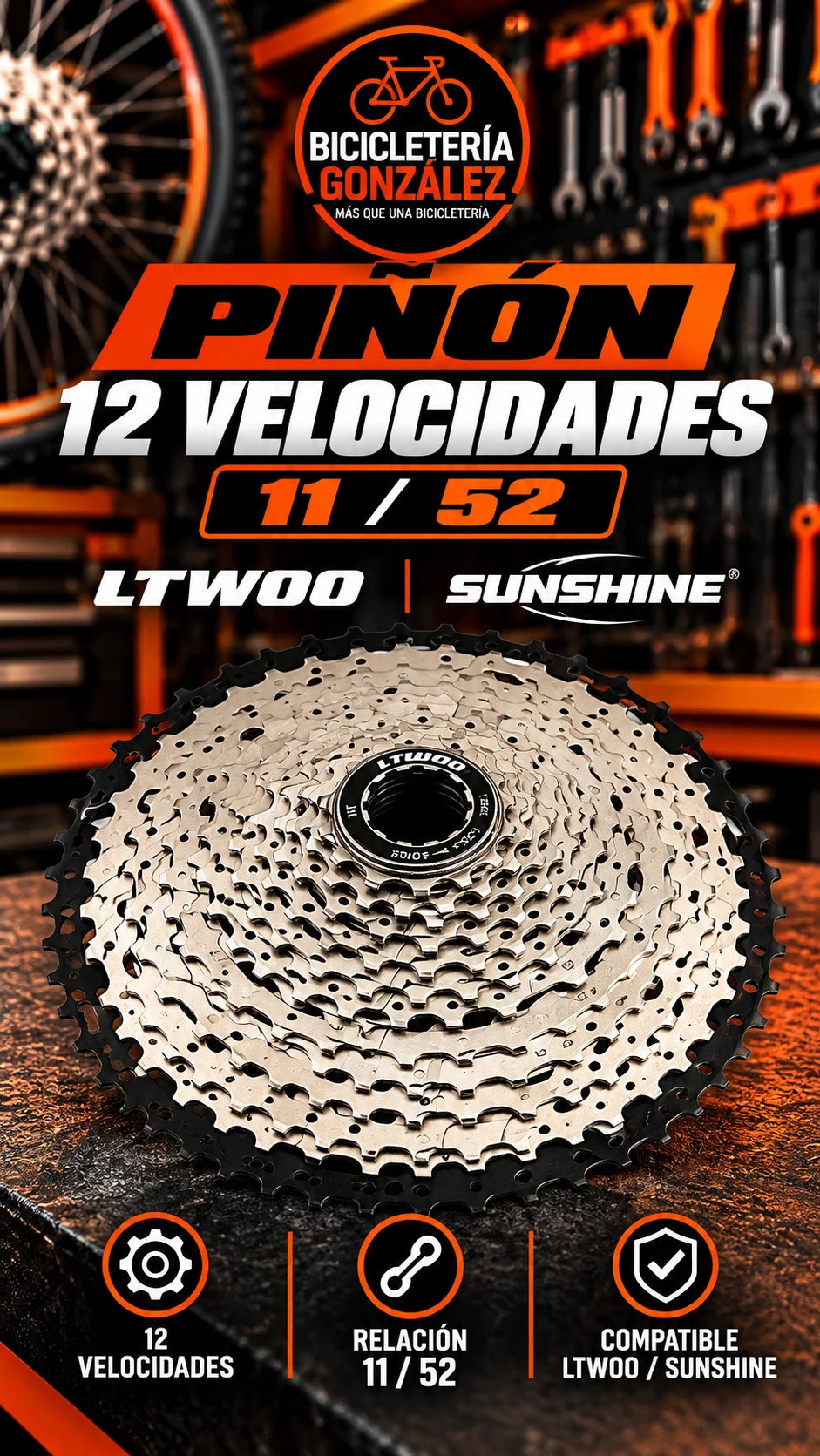 PIÑONES 12 VEL.- LTWOO / SUNSHINE ( 11/ 52 ). Bicicleteria Gonzalez